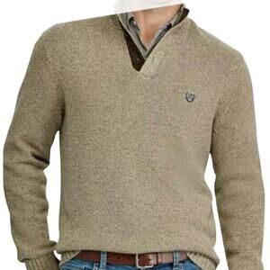 Chaps Mens Sweater 2XLT Brown 3 Button Henley Elbow Patches Old Money Grandpa